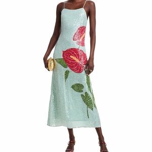 FARM Rio Sequin Maxi Dress in Mint Green with Red Floral